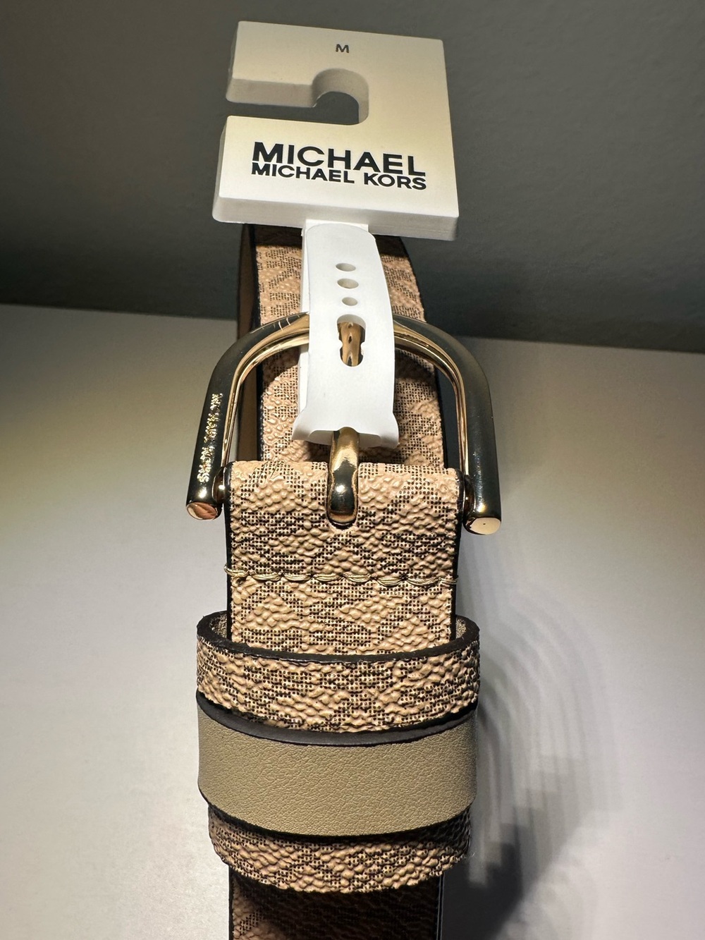 Michael Michael Kors Women’s Beige Signature Logo Belt with Gold Buckle Size M